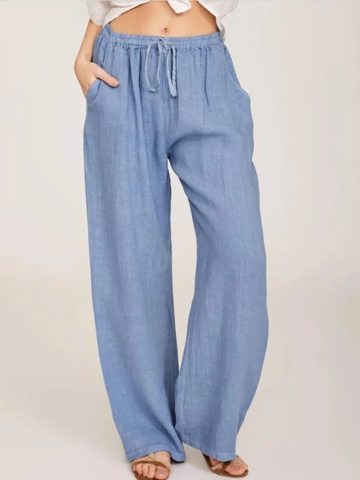 Women Palazzo Pants Casual Cotton Beach Solid Color Lounge Pants with Pockets