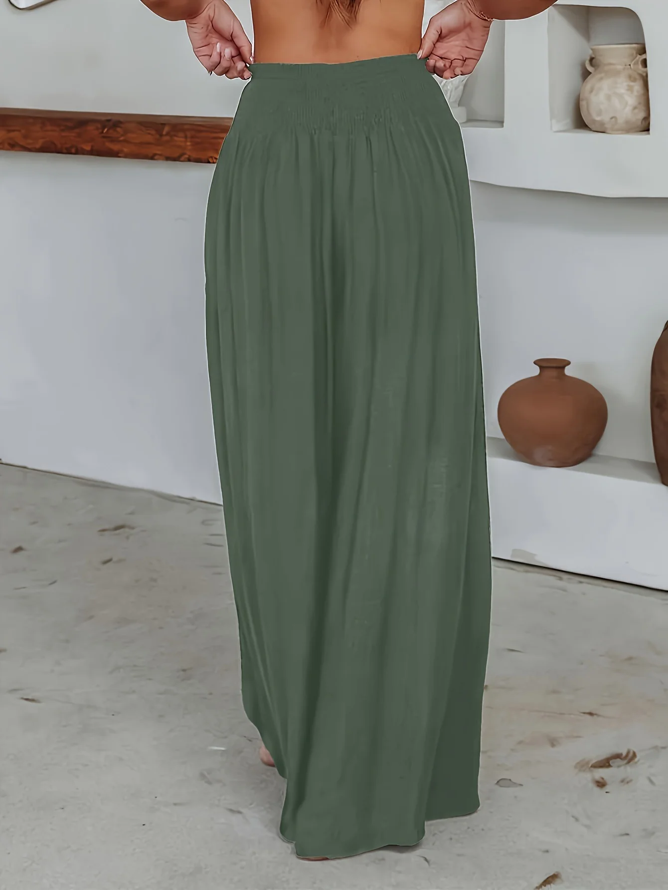 Casual Stretch Wide Leg High Waisted Palazzo Flare Pants with Pockets Loose Summer Beach Pants