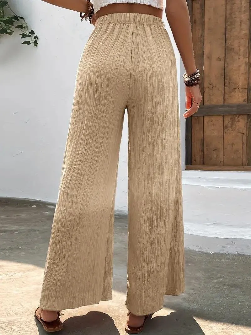 Women's Casual Straight Pants Solid Color Loose and Wrinkled Wide Leg Trousers