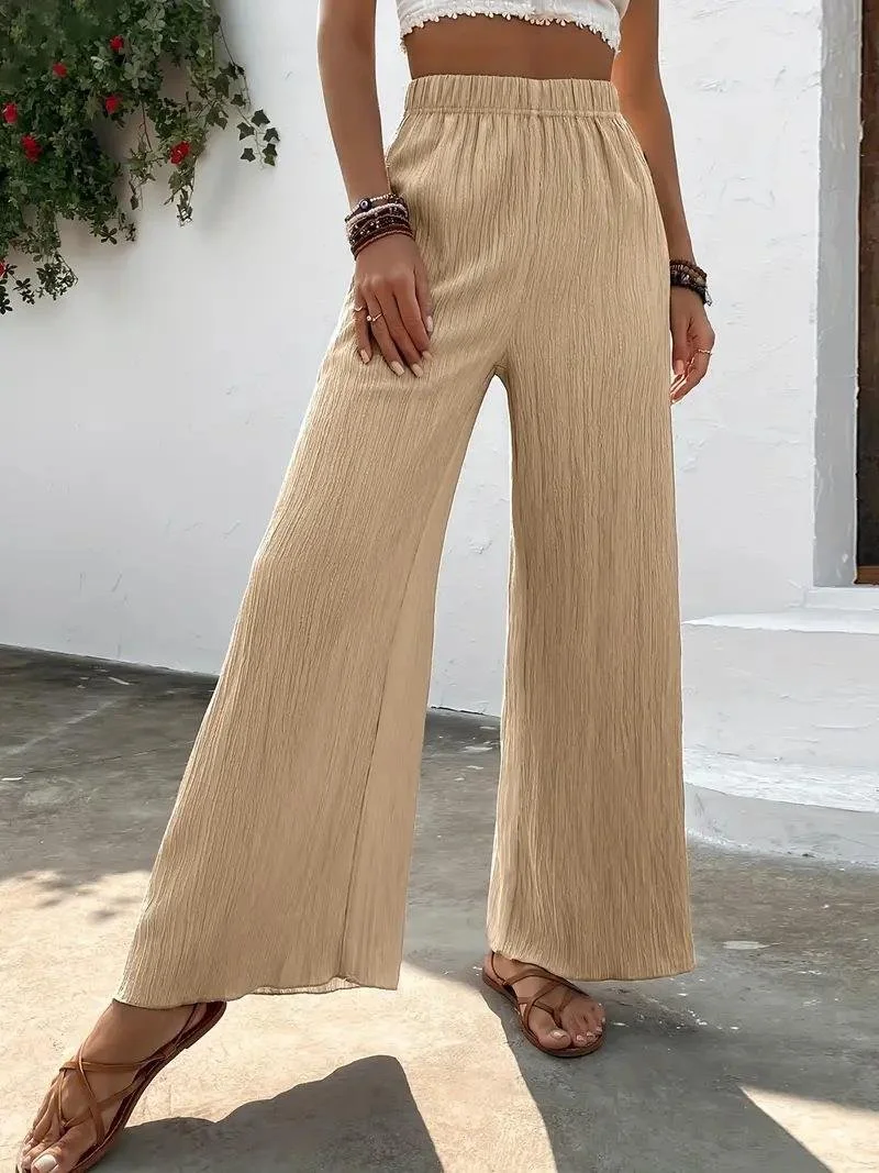 Women's Casual Straight Pants Solid Color Loose and Wrinkled Wide Leg Trousers