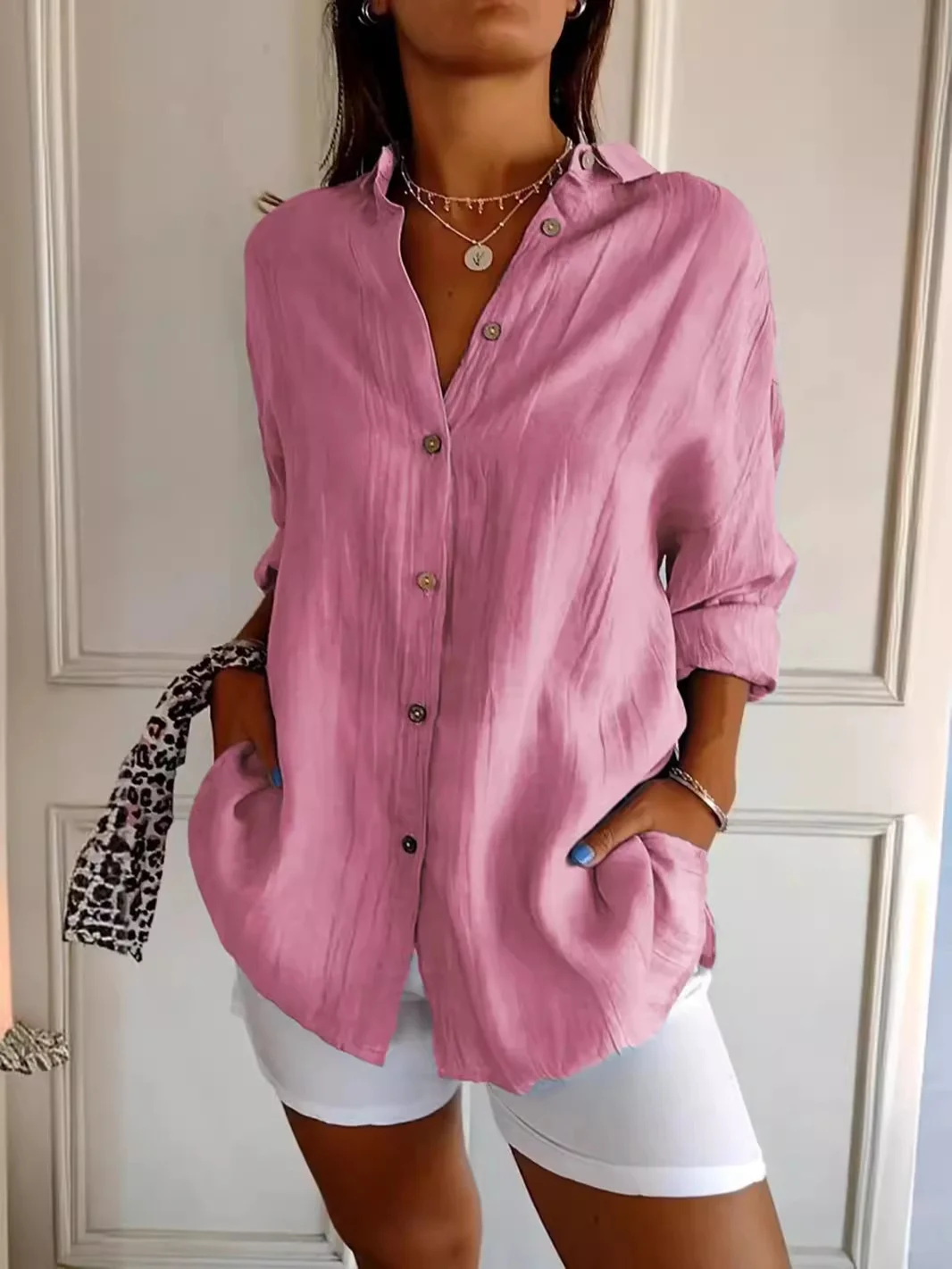 Shirt Collar Long Sleeve Plain Regular Loose Shirt For Women