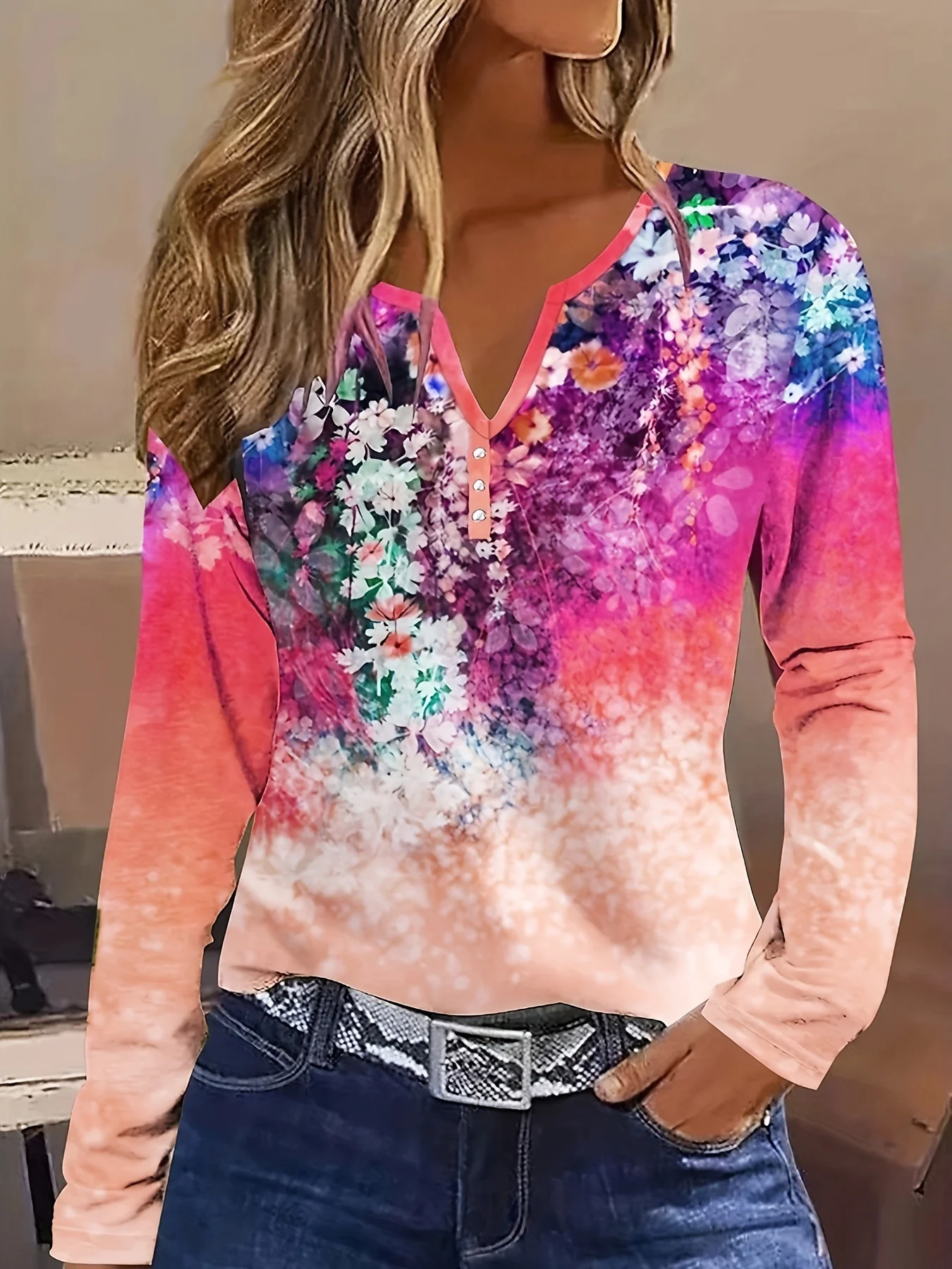 V Neck Long Sleeve Floral Regular Loose Blouse For Women