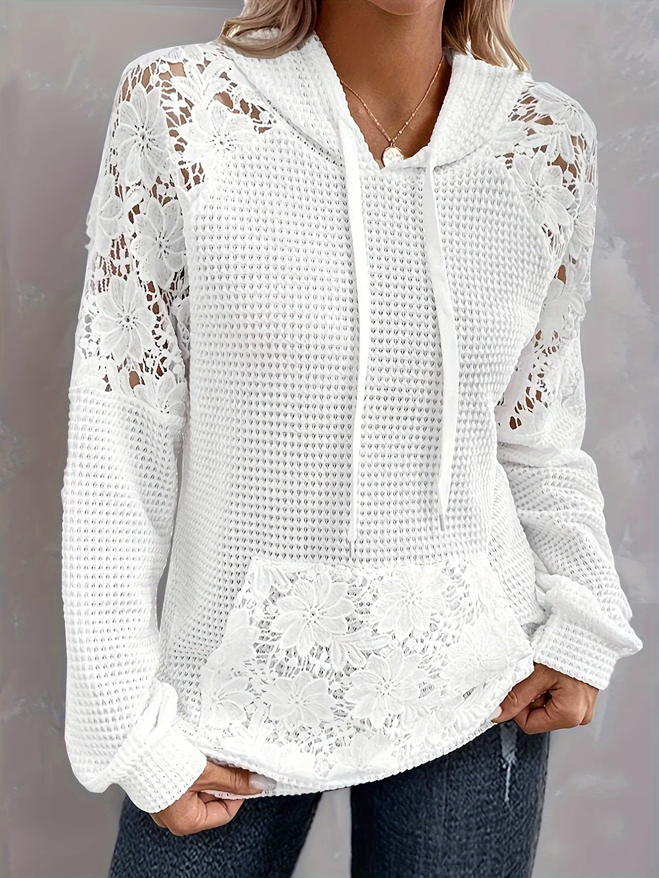 Casual Hoodie Plain Sweatshirt Lace