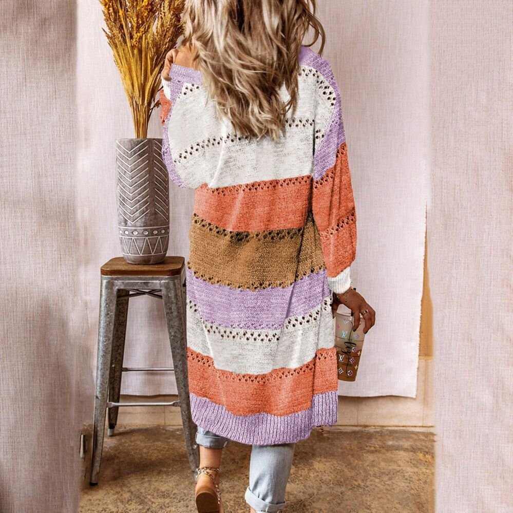 Women Wool/Knitting Striped Long Sleeve Comfy Casual Cardigan