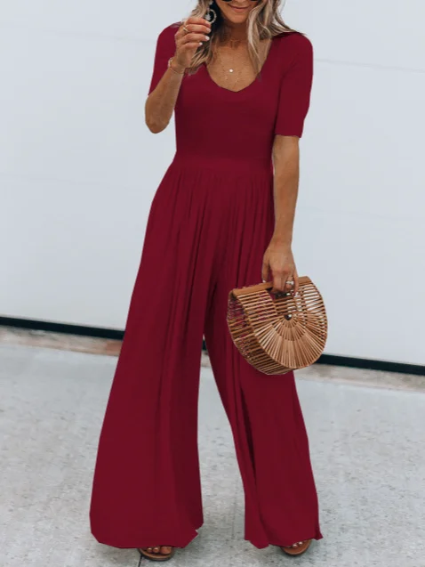 Women Short Sleeve V Neck Regular Fit Long Daily Casual Plain Natural Jumpsuit