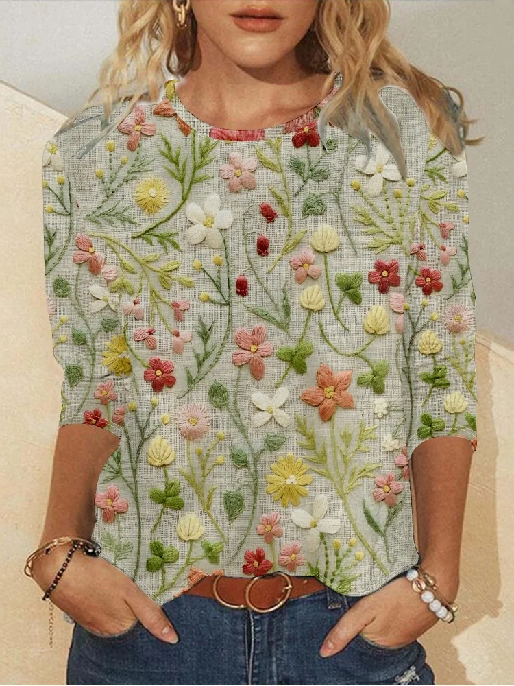 Casual Floral Crew Neck Long Sleeve T-shirt