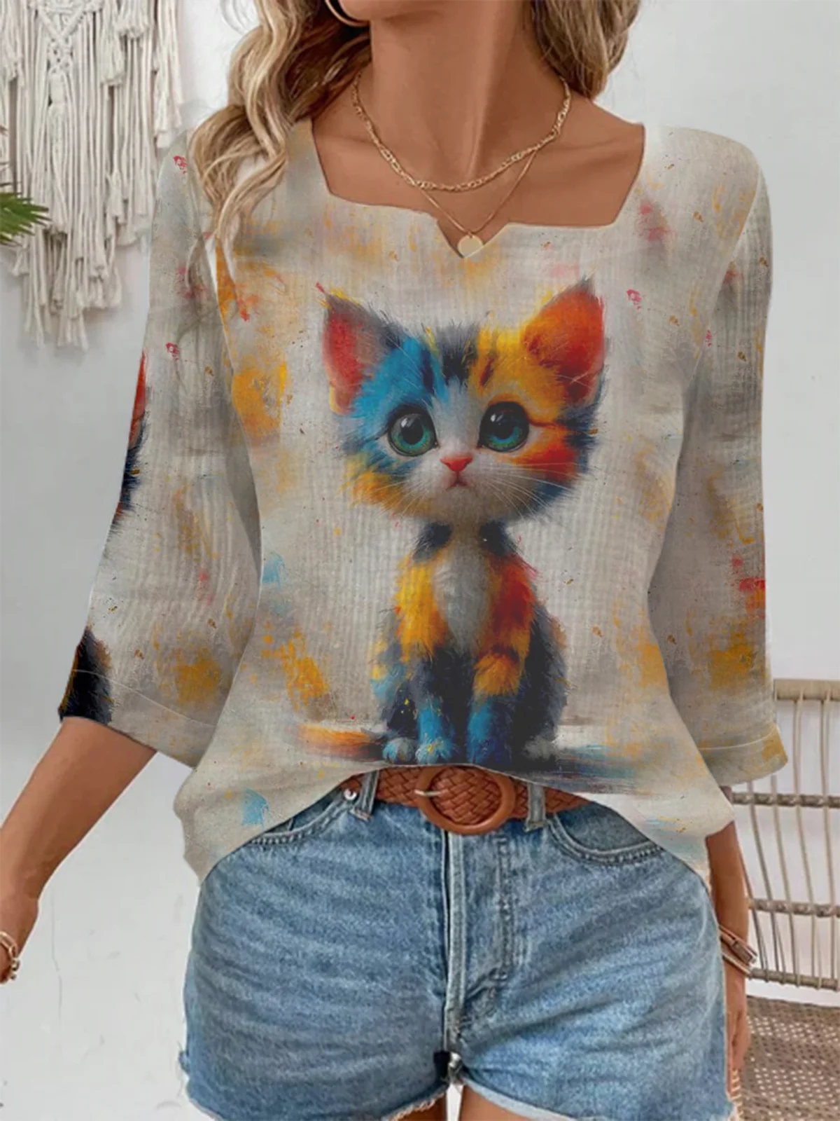 Casual Cat Notched Three Quarter Sleeve T-shirt