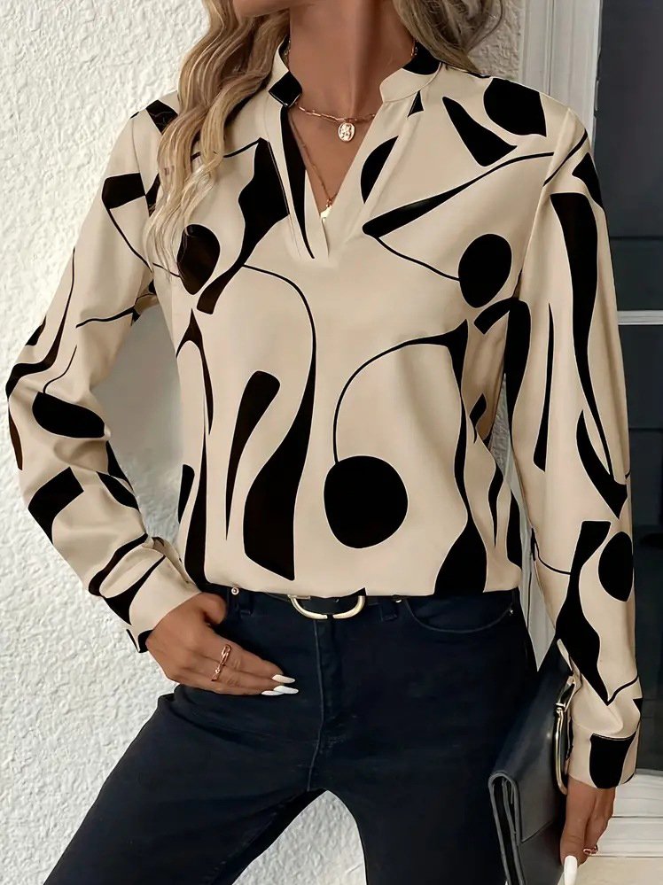 V Neck Long Sleeve Random Print Regular Loose Blouse For Women