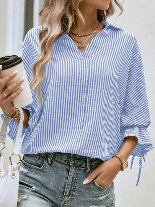 Shawl Collar Three Quarter Sleeve Striped Cross Regular Loose Blouse For Women