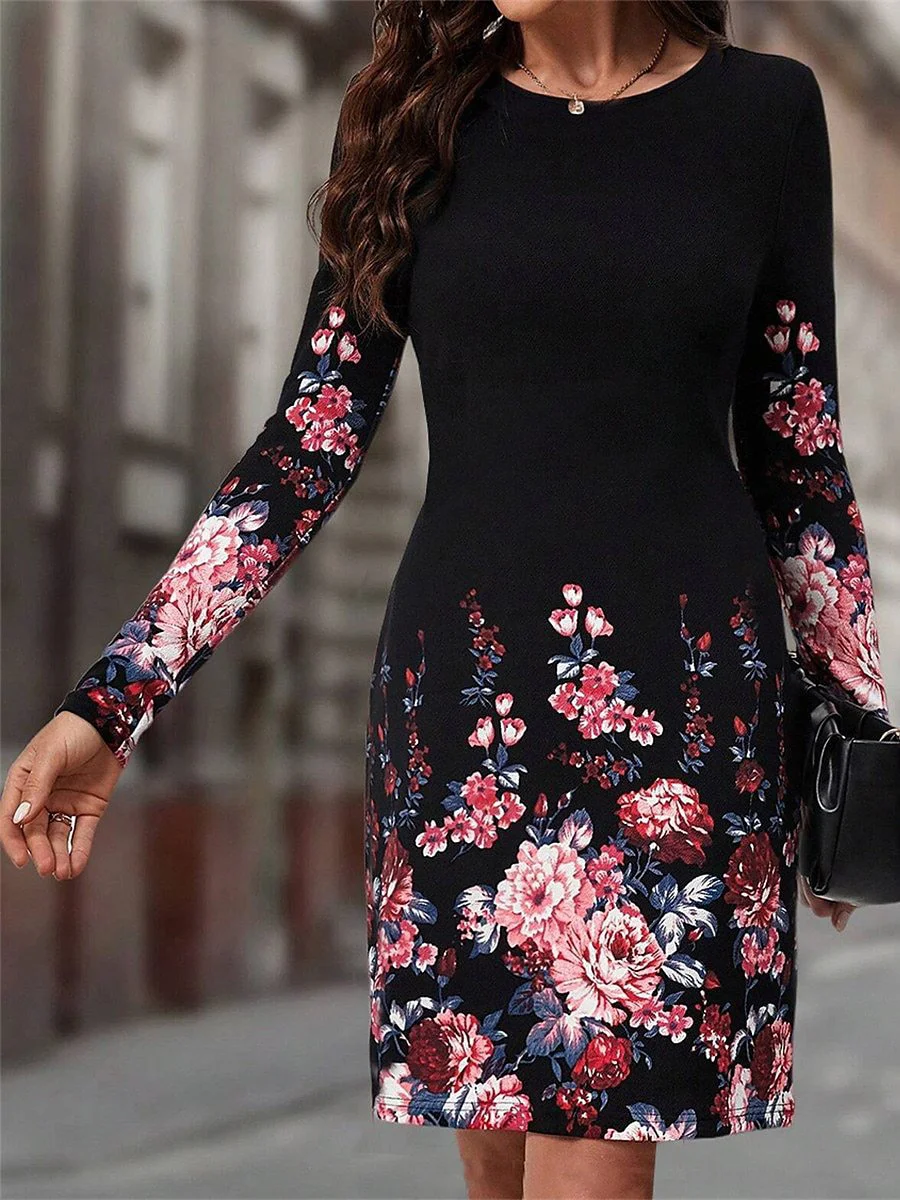 Women Floral Crew Neck Long Sleeve Comfy Casual Midi Dress