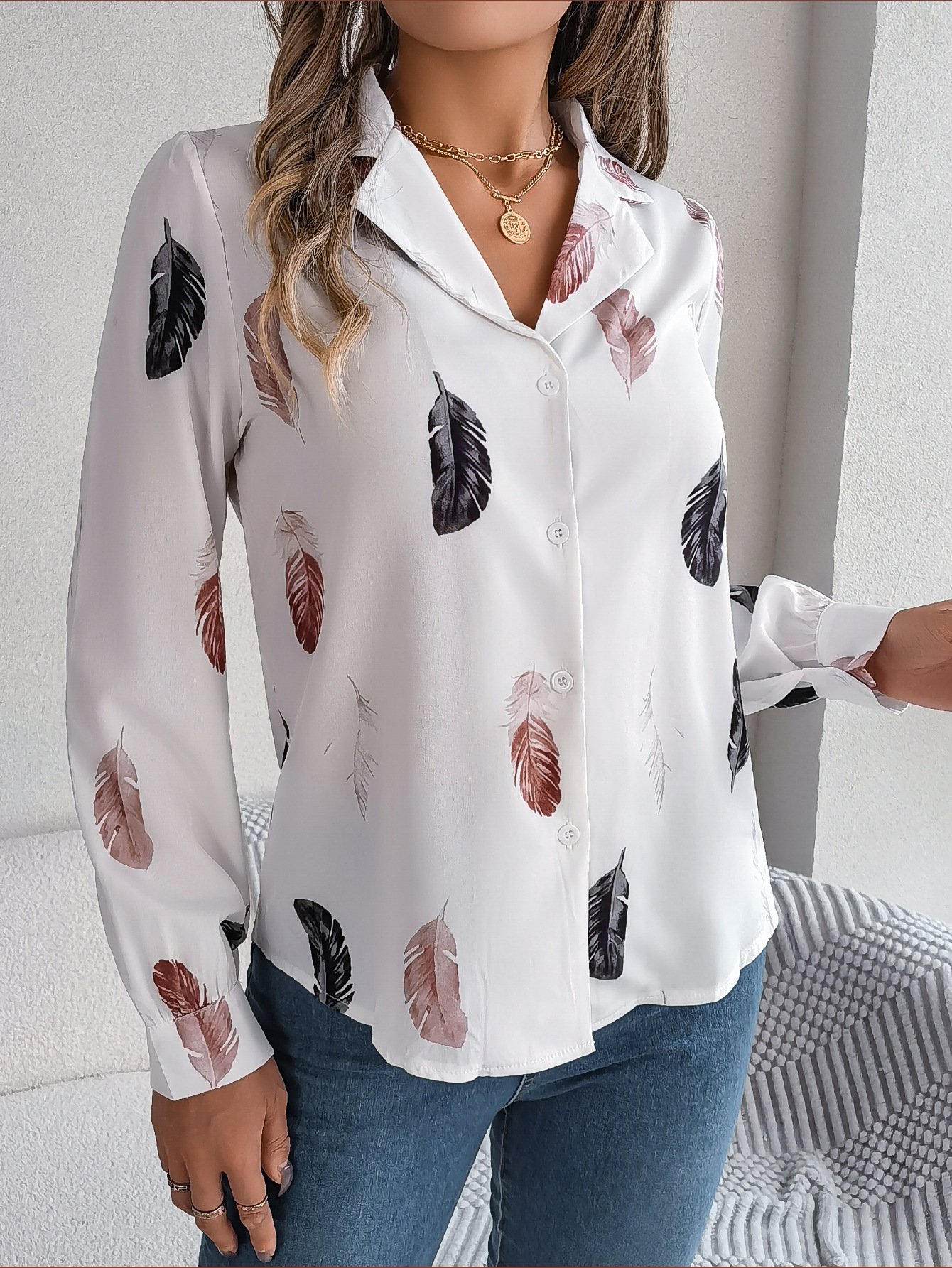 Shirt Collar Long Sleeve Leaf Regular Loose Shirt For Women