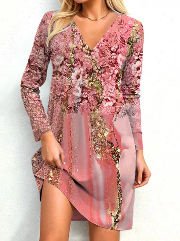 Women Floral V Neck Three Quarter Sleeve Comfy Casual Mini Dress