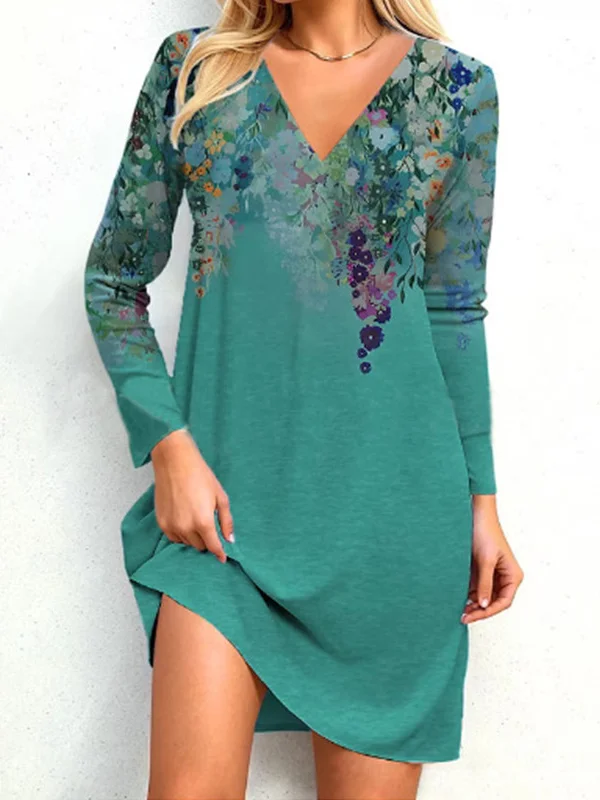 Women Floral V Neck Three Quarter Sleeve Comfy Casual Mini Dress