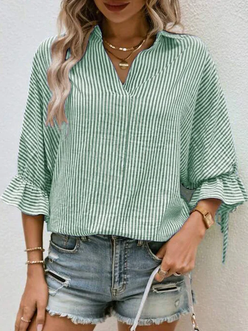 Shawl Collar Three Quarter Sleeve Striped Cross Regular Loose Blouse For Women