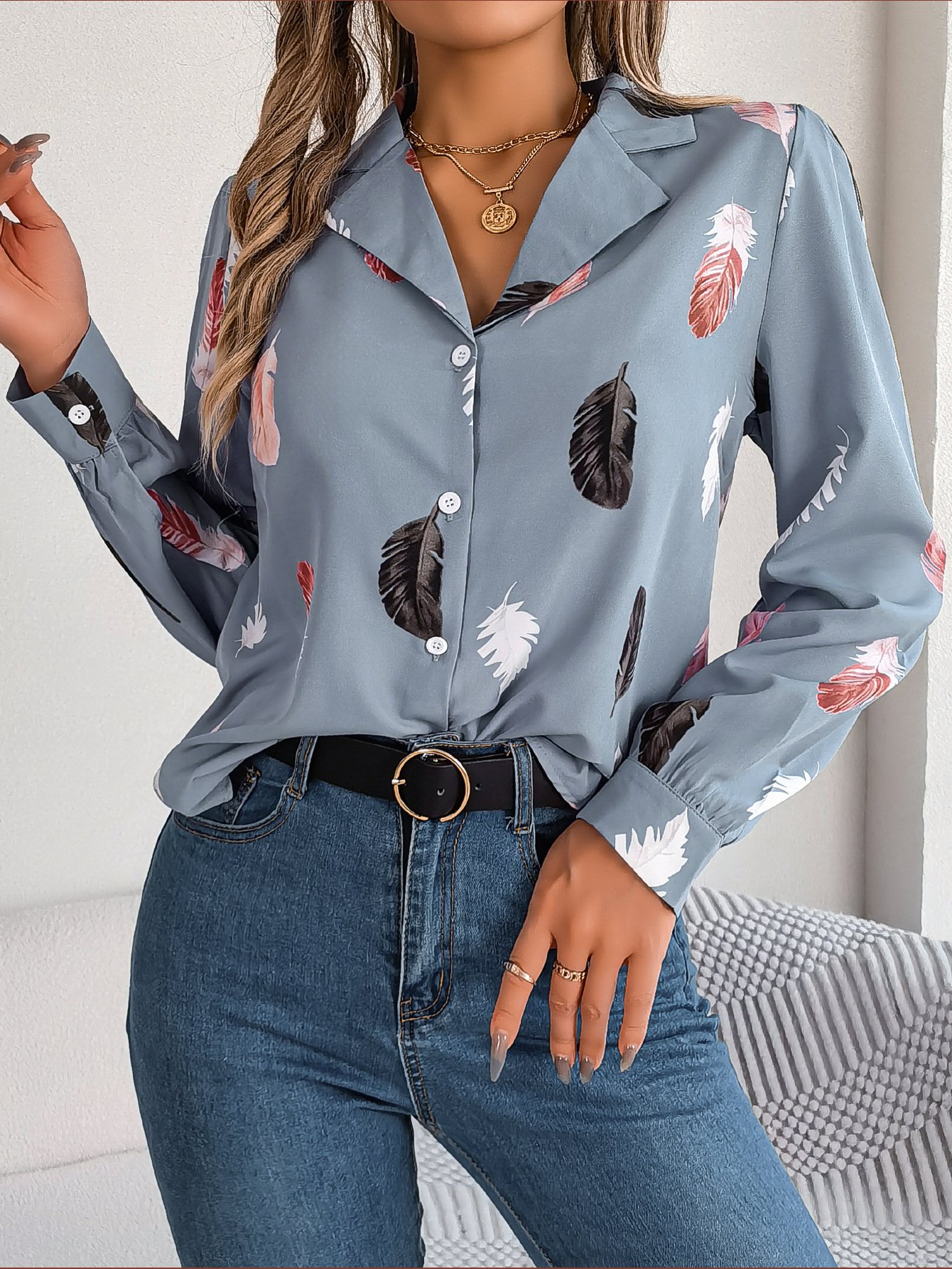 Shirt Collar Long Sleeve Leaf Regular Loose Shirt For Women