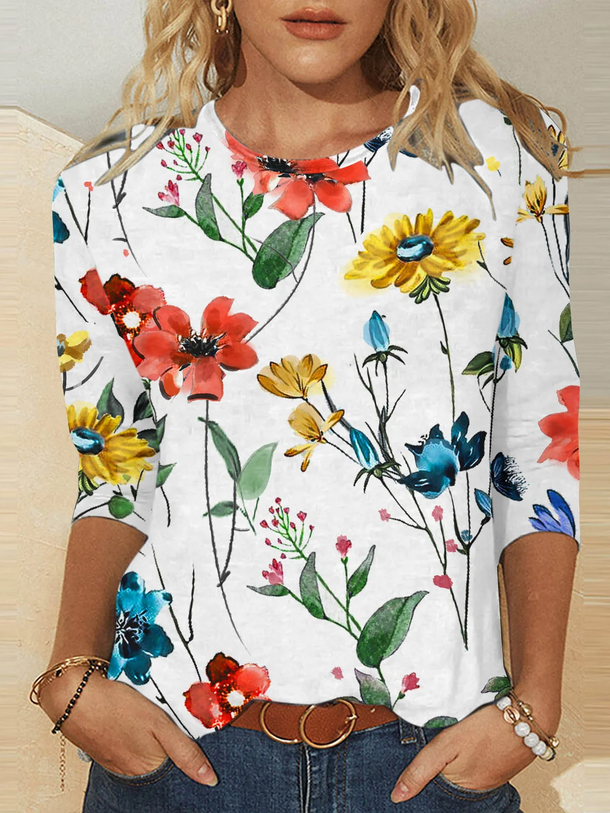 Casual Floral Crew Neck Long Sleeve T-shirt