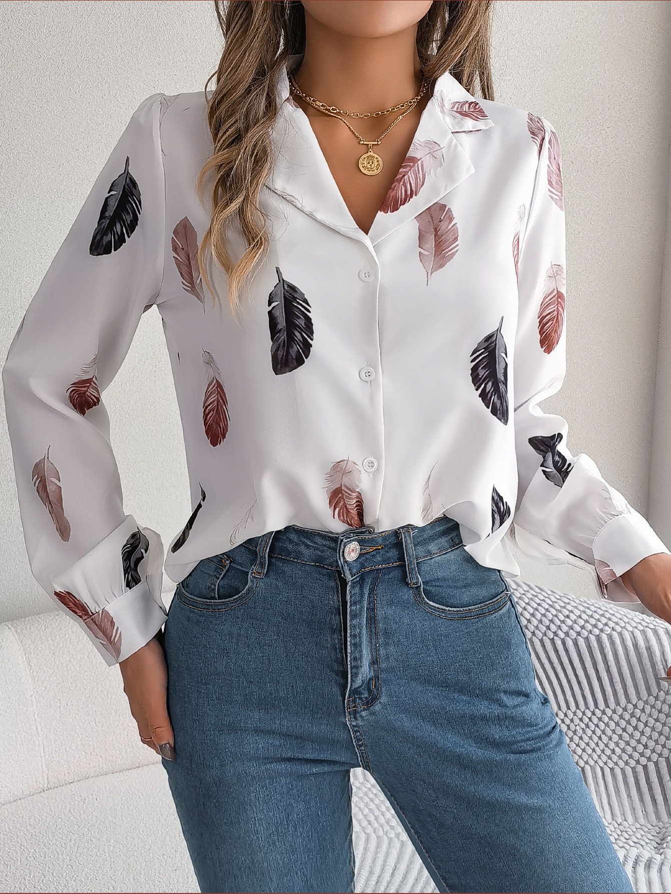 Shirt Collar Long Sleeve Leaf Regular Loose Shirt For Women