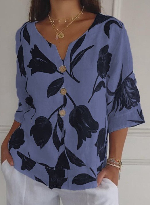 Crew Neck Three Quarter Sleeve Floral Regular Loose Blouse For Women