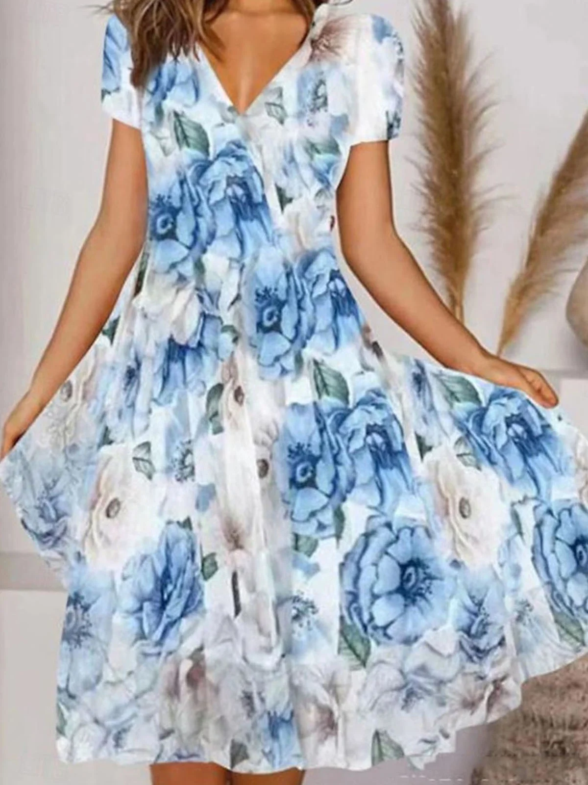 Women Floral V Neck Short Sleeve Comfy Casual Midi Dress