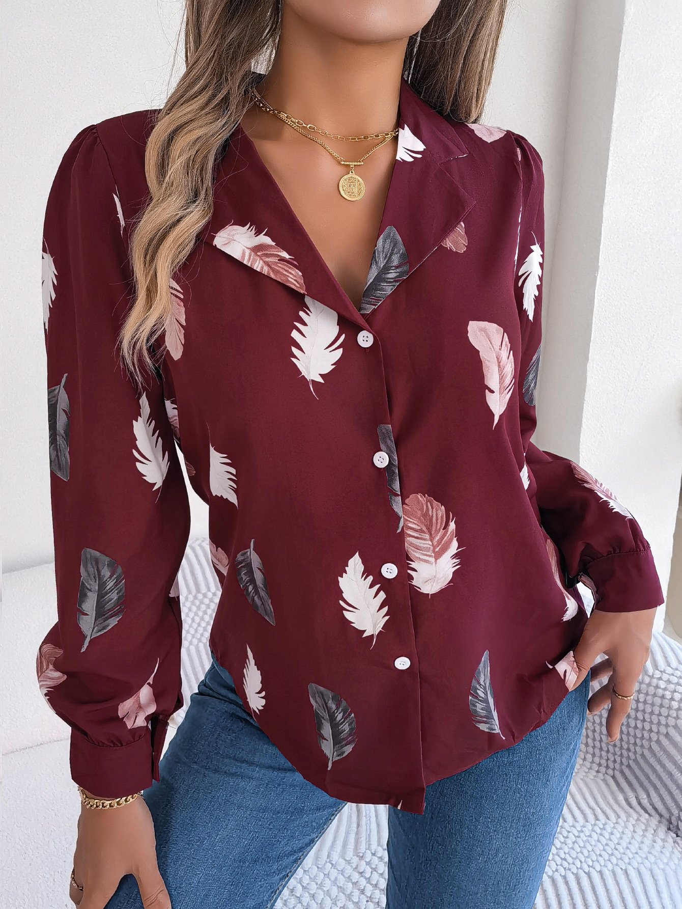 Shirt Collar Long Sleeve Leaf Regular Loose Shirt For Women