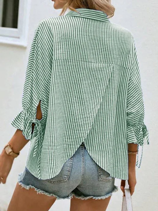 Shawl Collar Three Quarter Sleeve Striped Cross Regular Loose Blouse For Women