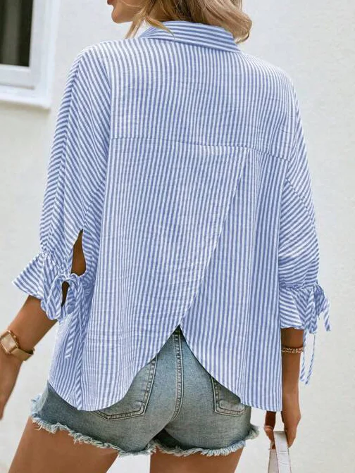 Shawl Collar Three Quarter Sleeve Striped Cross Regular Loose Blouse For Women