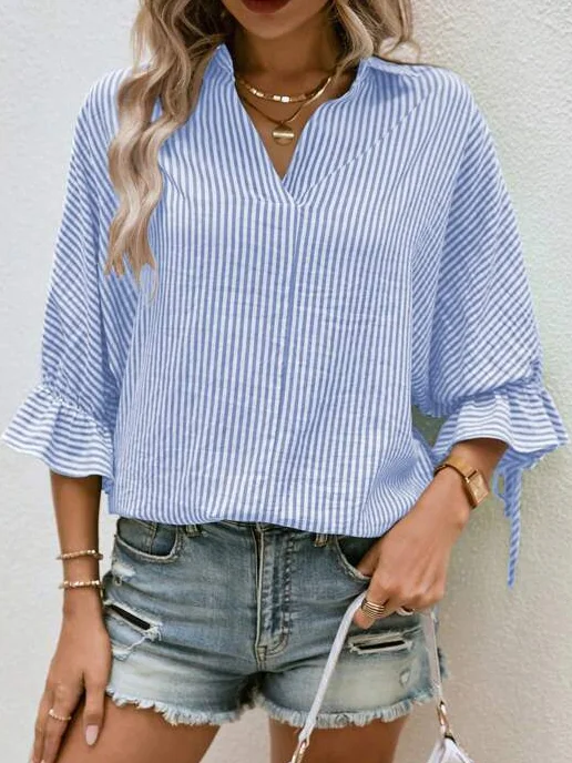 Shawl Collar Three Quarter Sleeve Striped Cross Regular Loose Blouse For Women