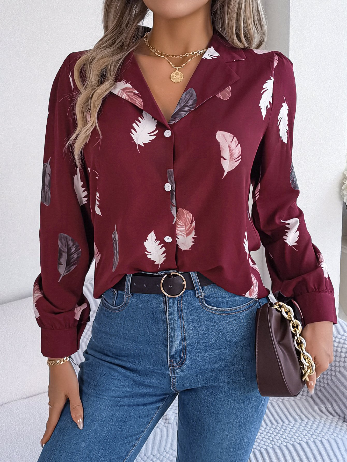 Shirt Collar Long Sleeve Leaf Regular Loose Shirt For Women