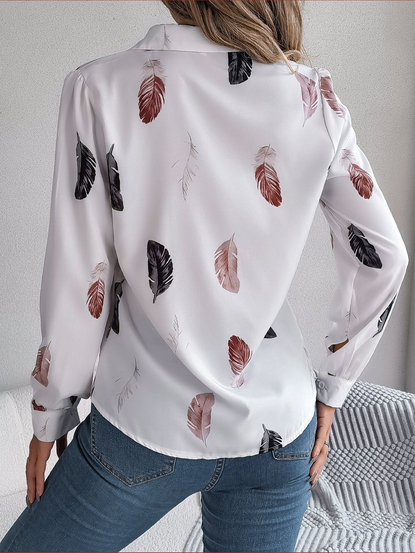 Shirt Collar Long Sleeve Leaf Regular Loose Shirt For Women