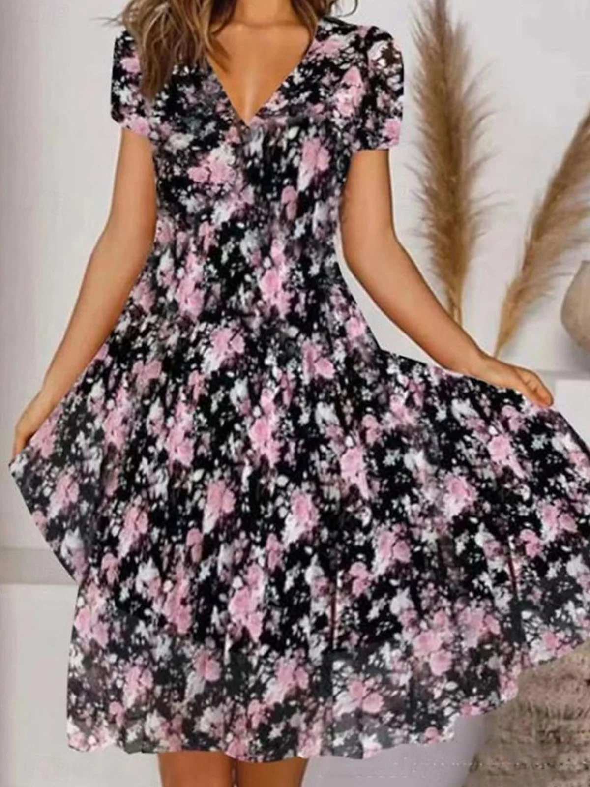 Women Floral V Neck Short Sleeve Comfy Casual Midi Dress