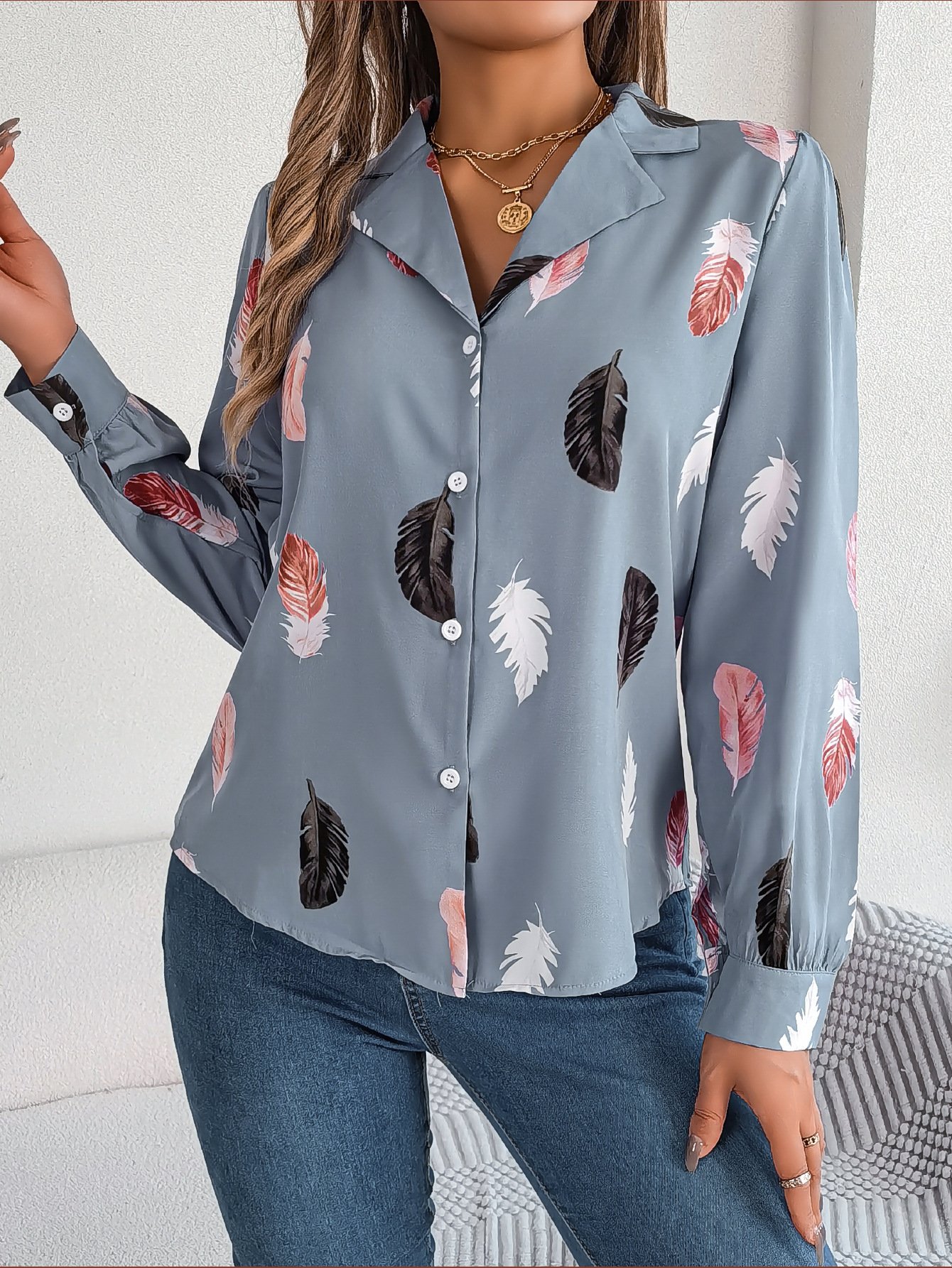 Shirt Collar Long Sleeve Leaf Regular Loose Shirt For Women