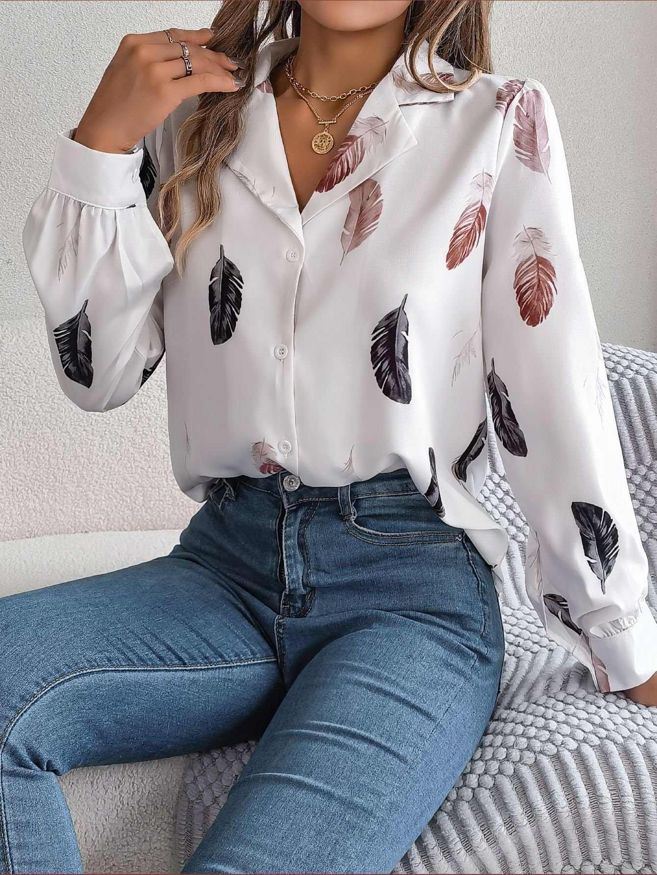 Shirt Collar Long Sleeve Leaf Regular Loose Shirt For Women