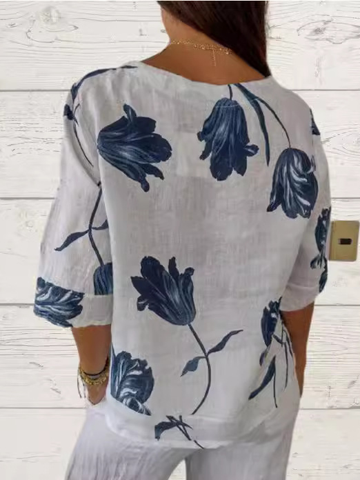 Crew Neck Three Quarter Sleeve Floral Regular Loose Blouse For Women