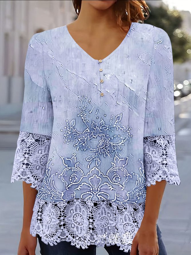 V Neck Three Quarter Sleeve Floral Regular Loose Blouse For Women