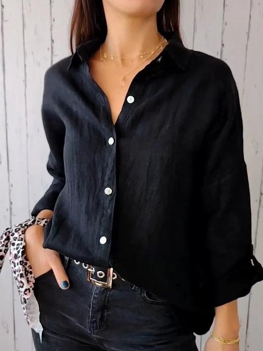 Shirt Collar Long Sleeve Plain Regular Loose Shirt For Women