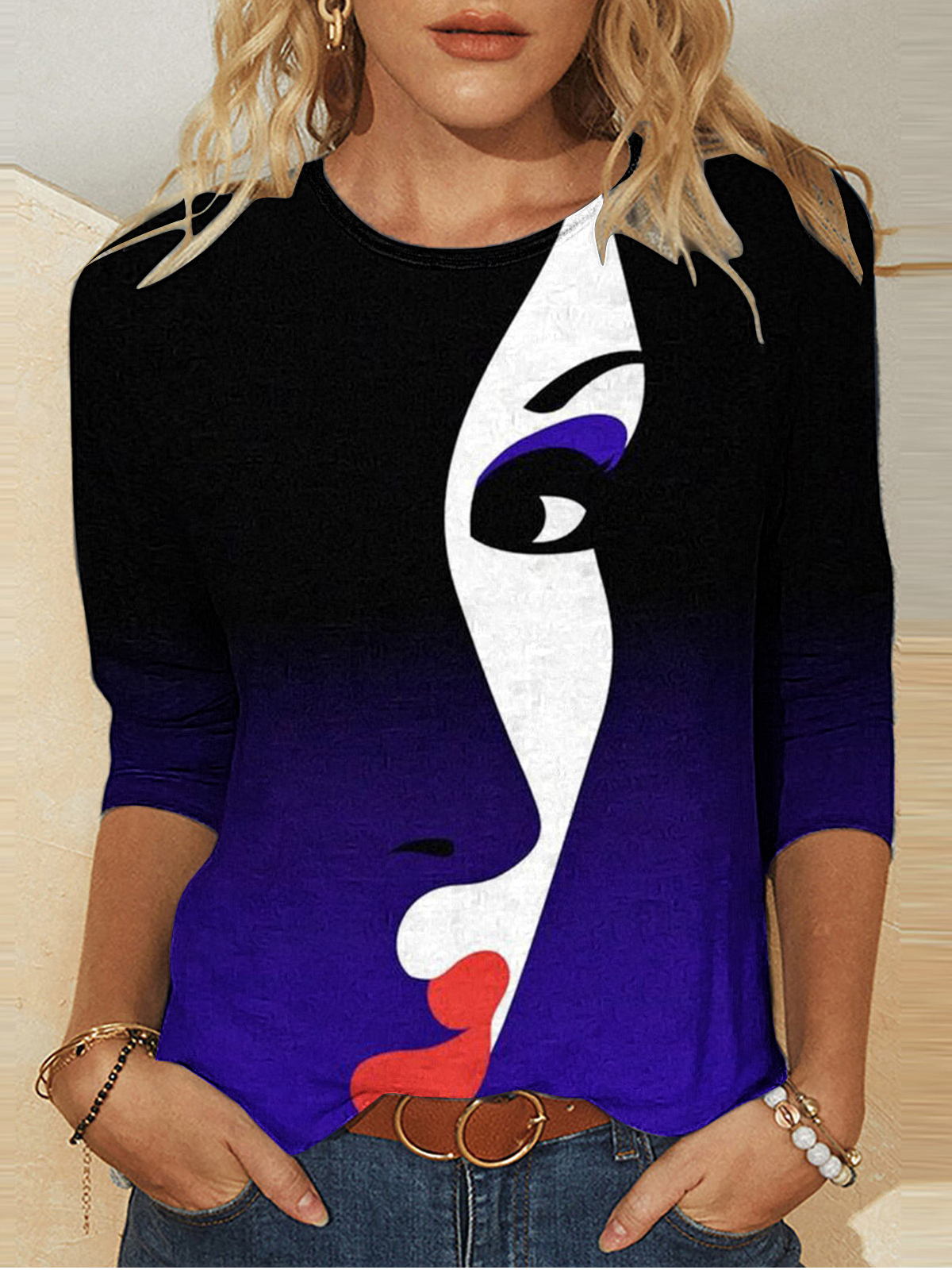 Casual Face Crew Neck Long Sleeve T-shirt