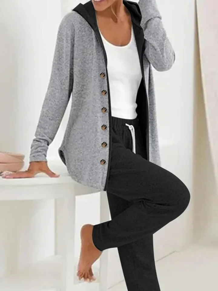 Women Plain Hoodie Long Sleeve Comfy Casual Buckle Coat With Pants Two-Piece Set