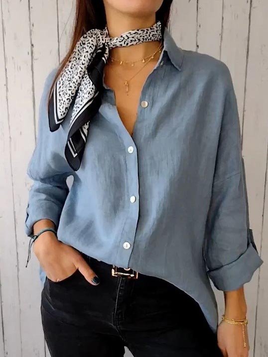 Shirt Collar Long Sleeve Plain Regular Loose Shirt For Women