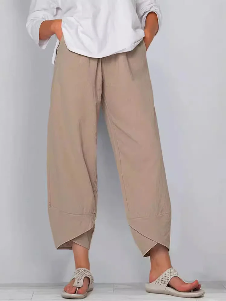 Casual Plain Ankle Pants Elastic Waist Pocket Stitching Pant