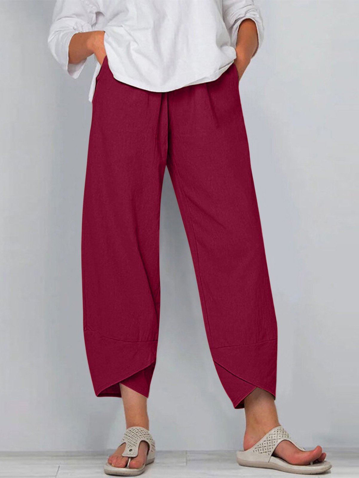 Casual Plain Ankle Pants Elastic Waist Pocket Stitching Pant