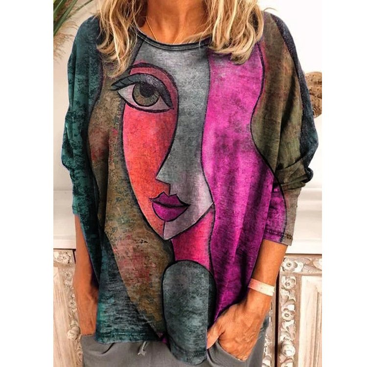 Crew Neck Long Sleeve Face Regular Loose Blouse For Women