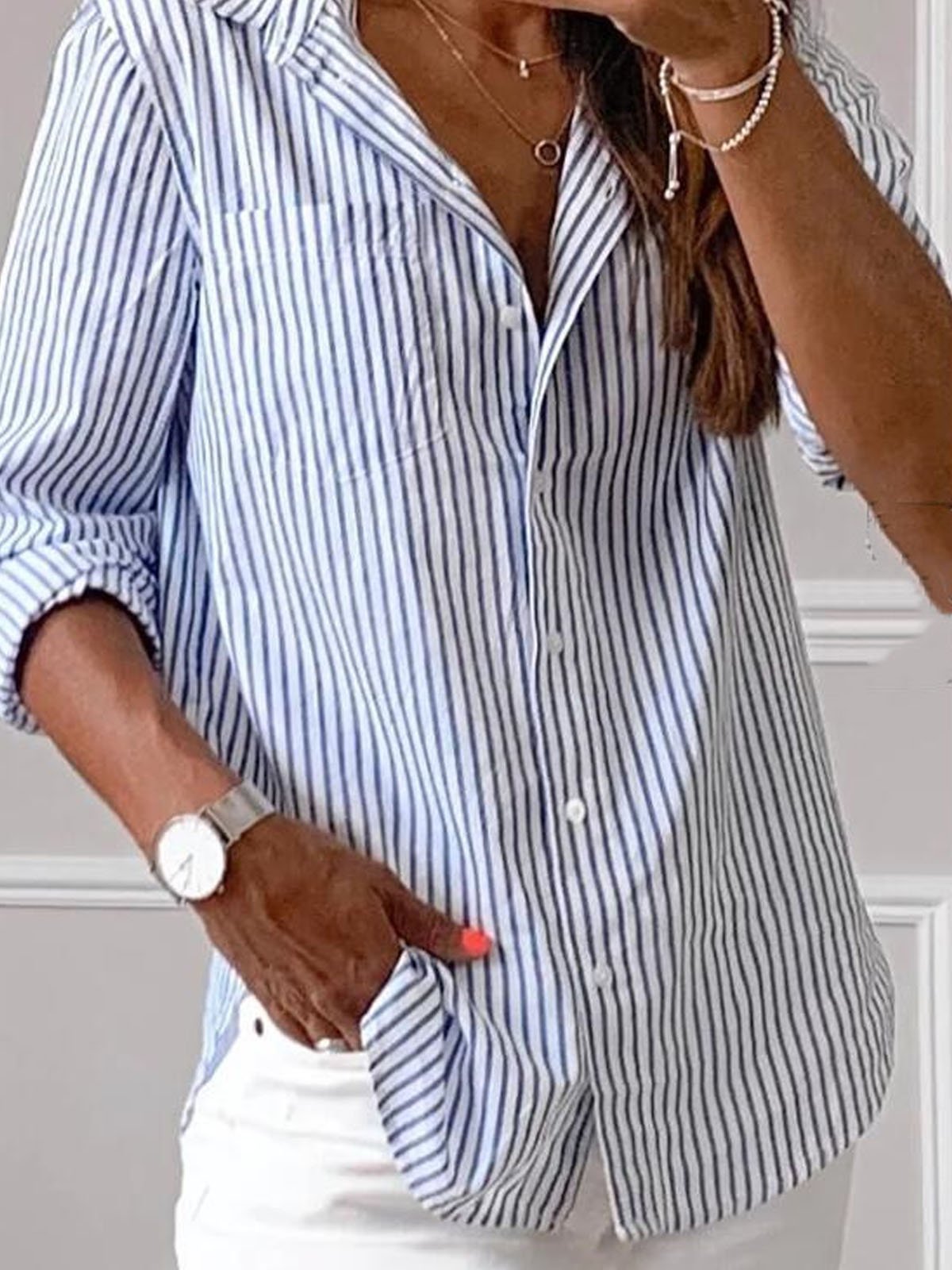 Shirt Collar Long Sleeve Striped Regular Loose Shirt For Women