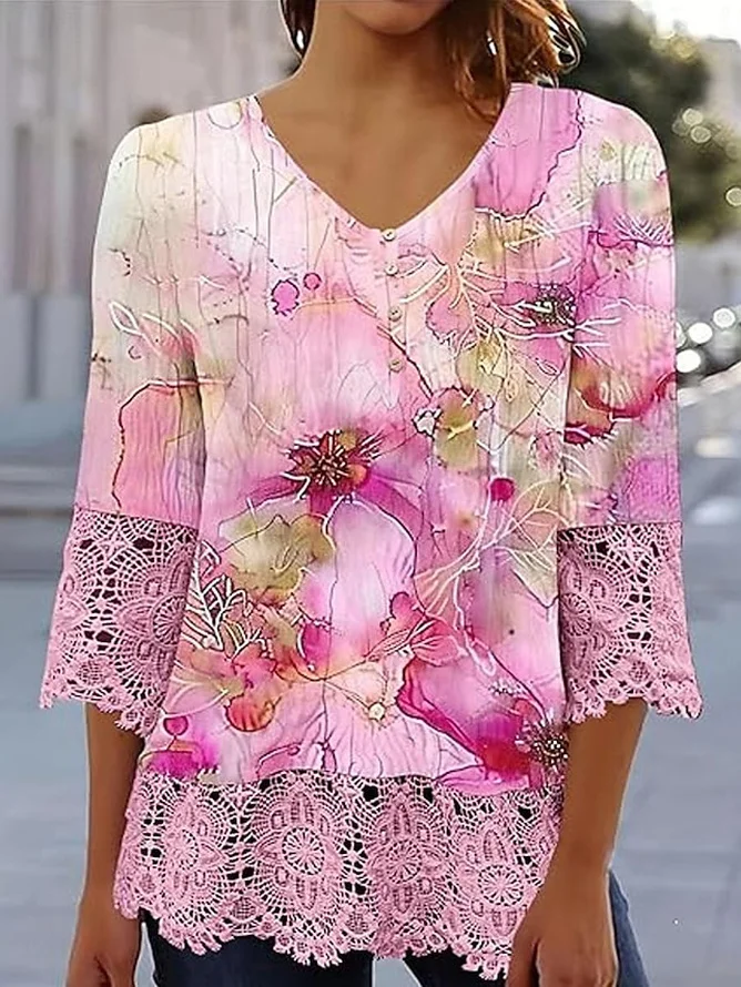 V Neck Three Quarter Sleeve Floral Regular Loose Blouse For Women