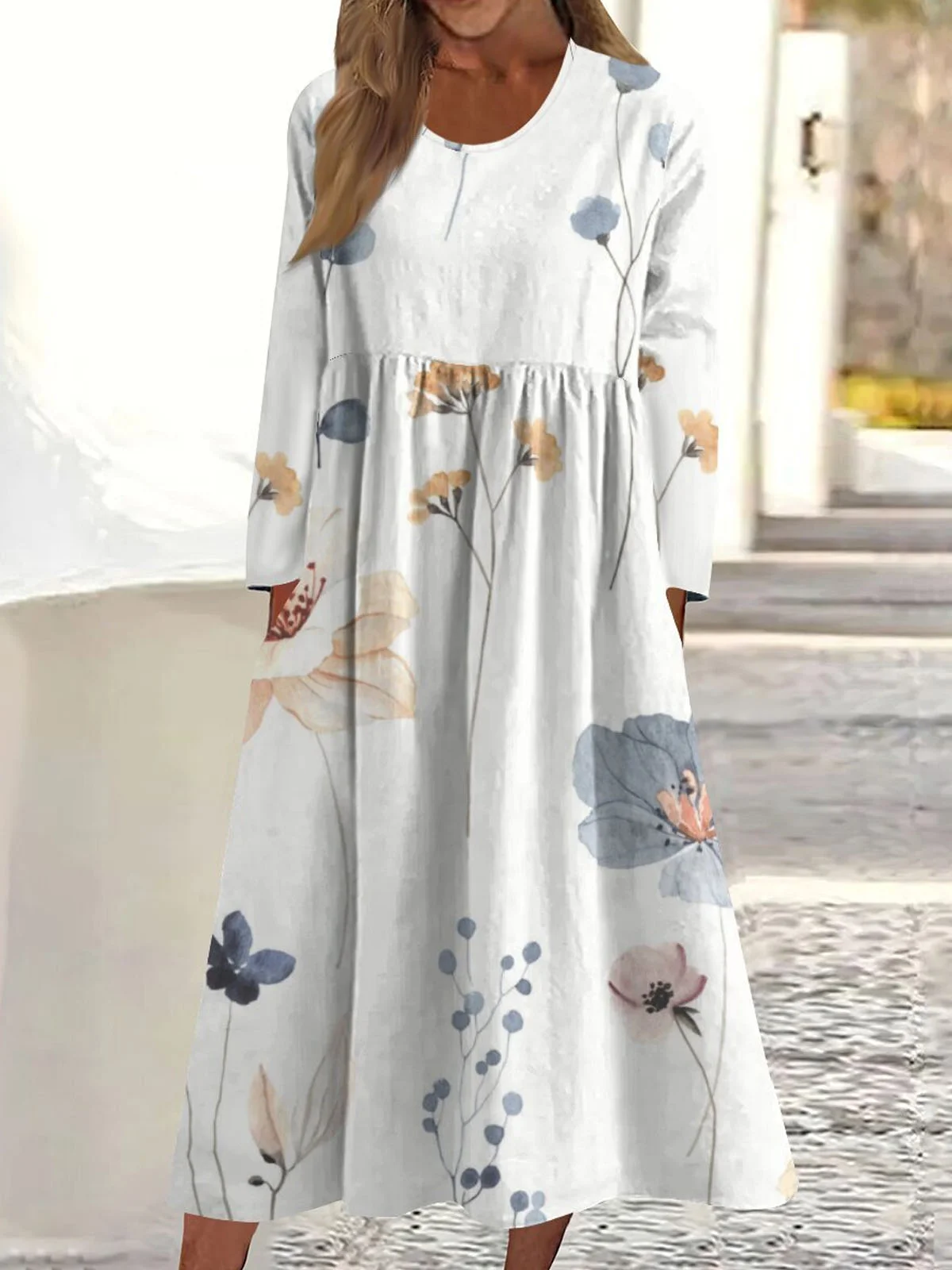 Women Floral Crew Neck Three Quarter Sleeve Comfy Casual Midi Dress