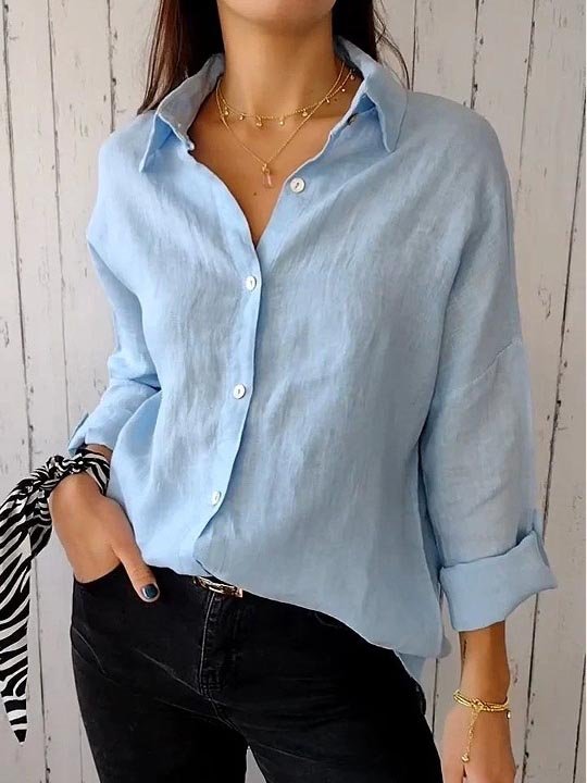 Shirt Collar Long Sleeve Plain Regular Loose Shirt For Women