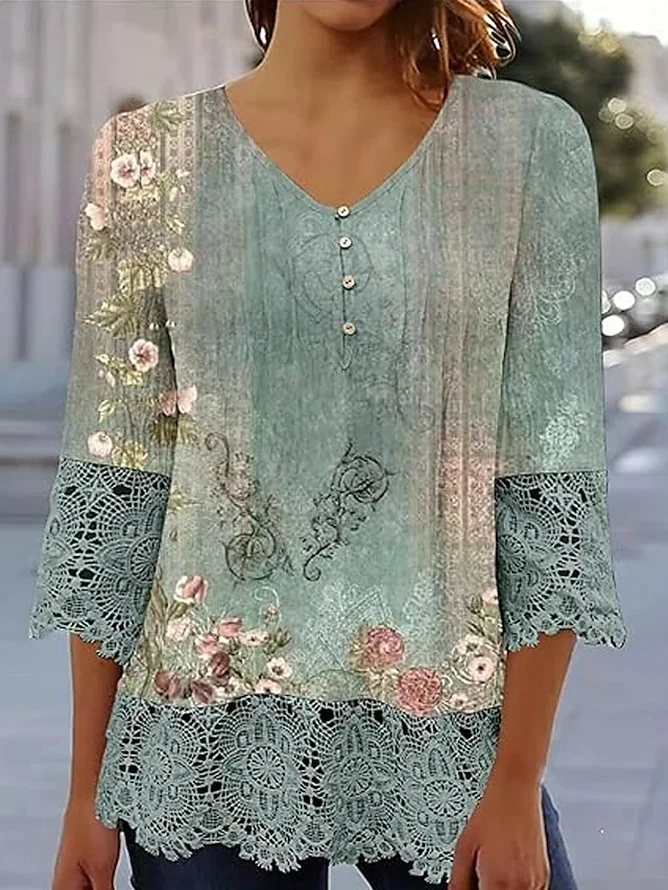 V Neck Three Quarter Sleeve Floral Regular Loose Blouse For Women