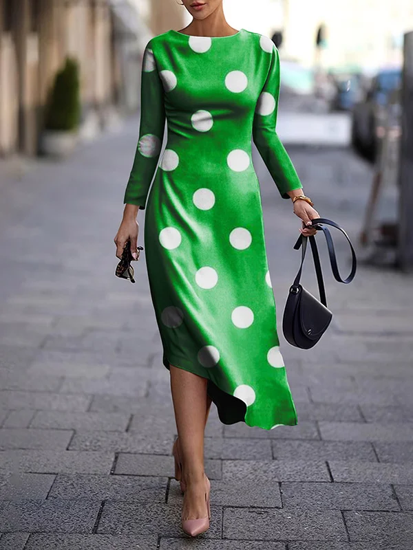 Women Geometric Crew Neck Long Sleeve Comfy Casual Midi Dress