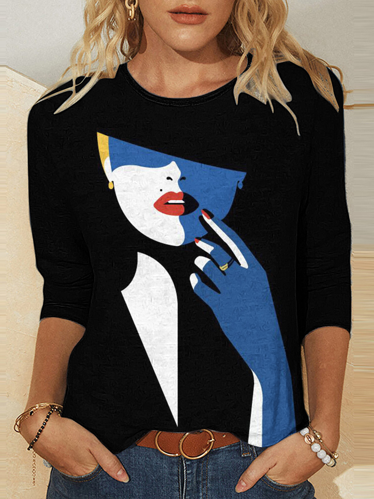 Casual Face Crew Neck Long Sleeve T-shirt