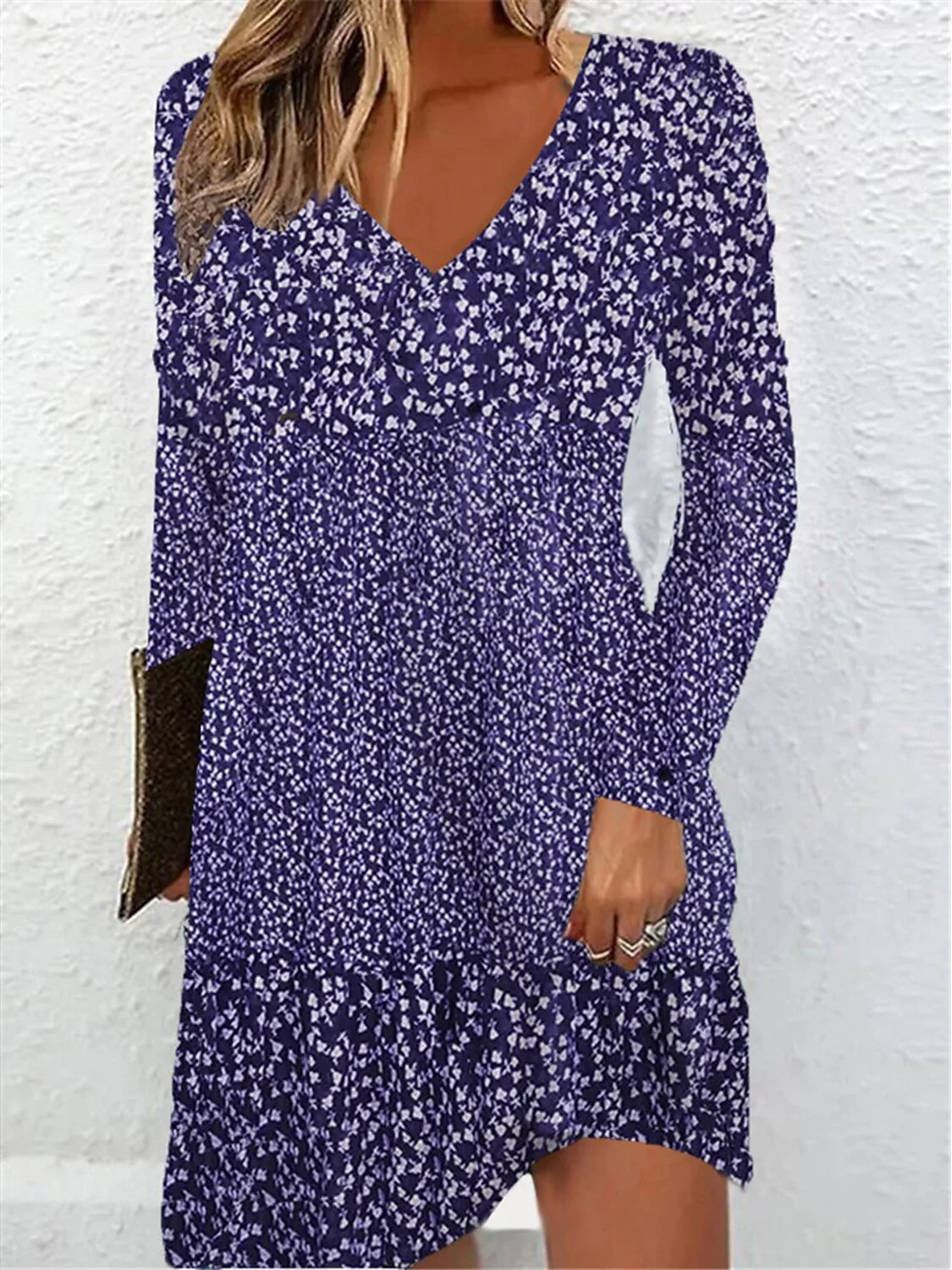 Women Ditsy Floral V Neck Long Sleeve Comfy Casual Midi Dress