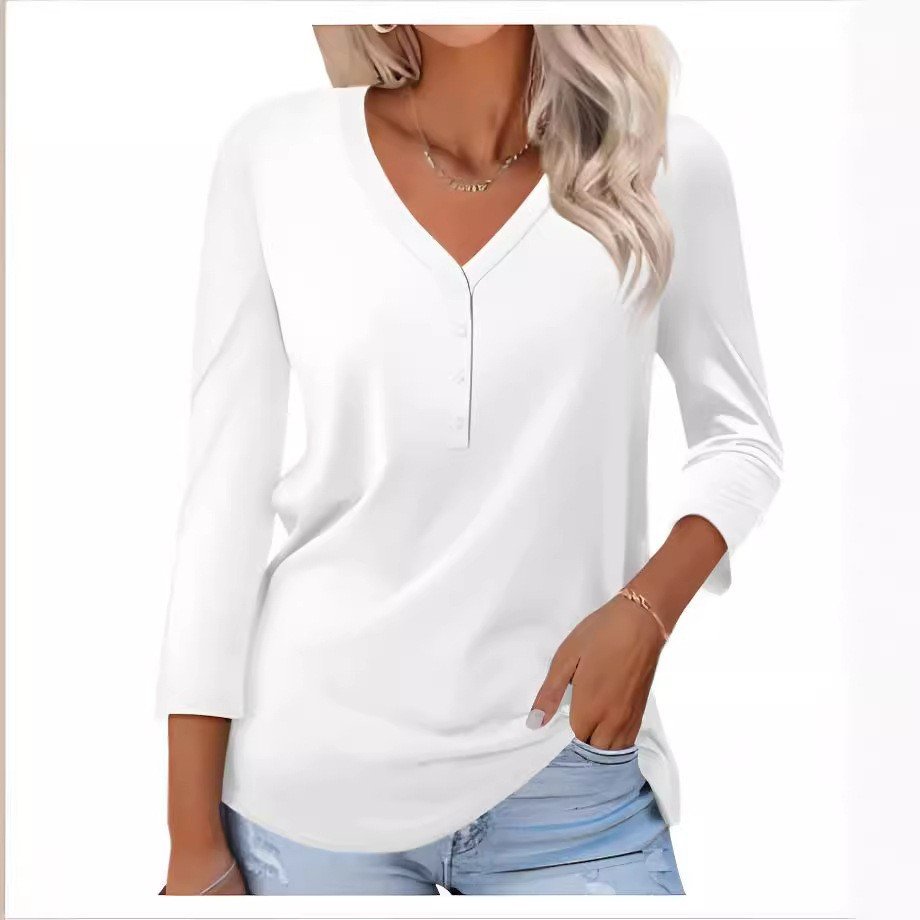 Casual Plain V Neck Long Sleeve T-shirt